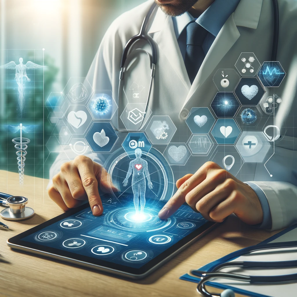 Professionnel de santé analysant des données de patient sur une tablette connectée à divers outils de diagnostic en télémédecine dans un cadre clinique