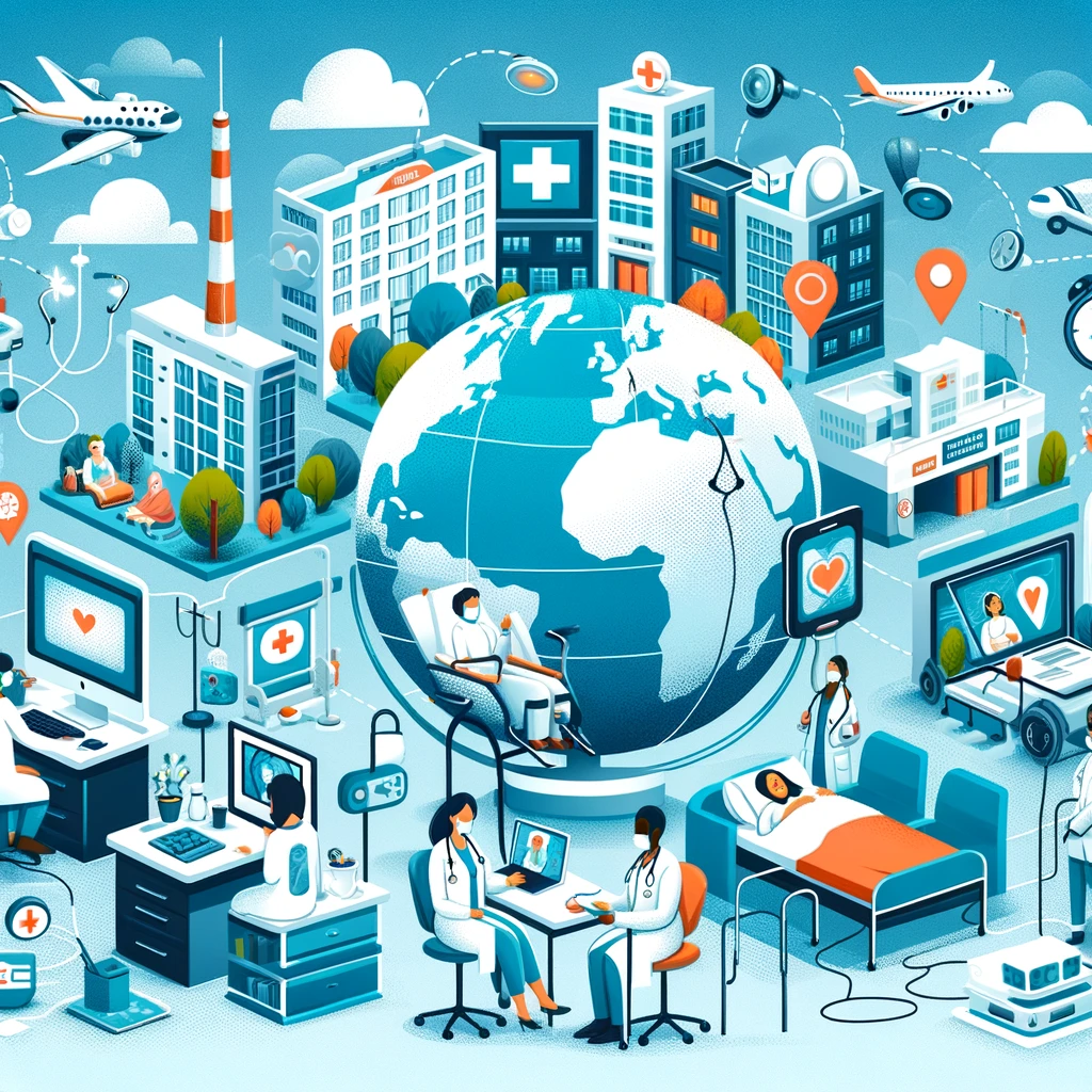 Illustration montrant des cas d'utilisation réels de la télémédecine à l'échelle internationale, avec divers scénarios comme des hôpitaux, des soins à domicile et des consultations à distance dans différents pays, soulignant la polyvalence et l'efficacité des outils de télémédecine dans divers contextes médicaux mondiaux.