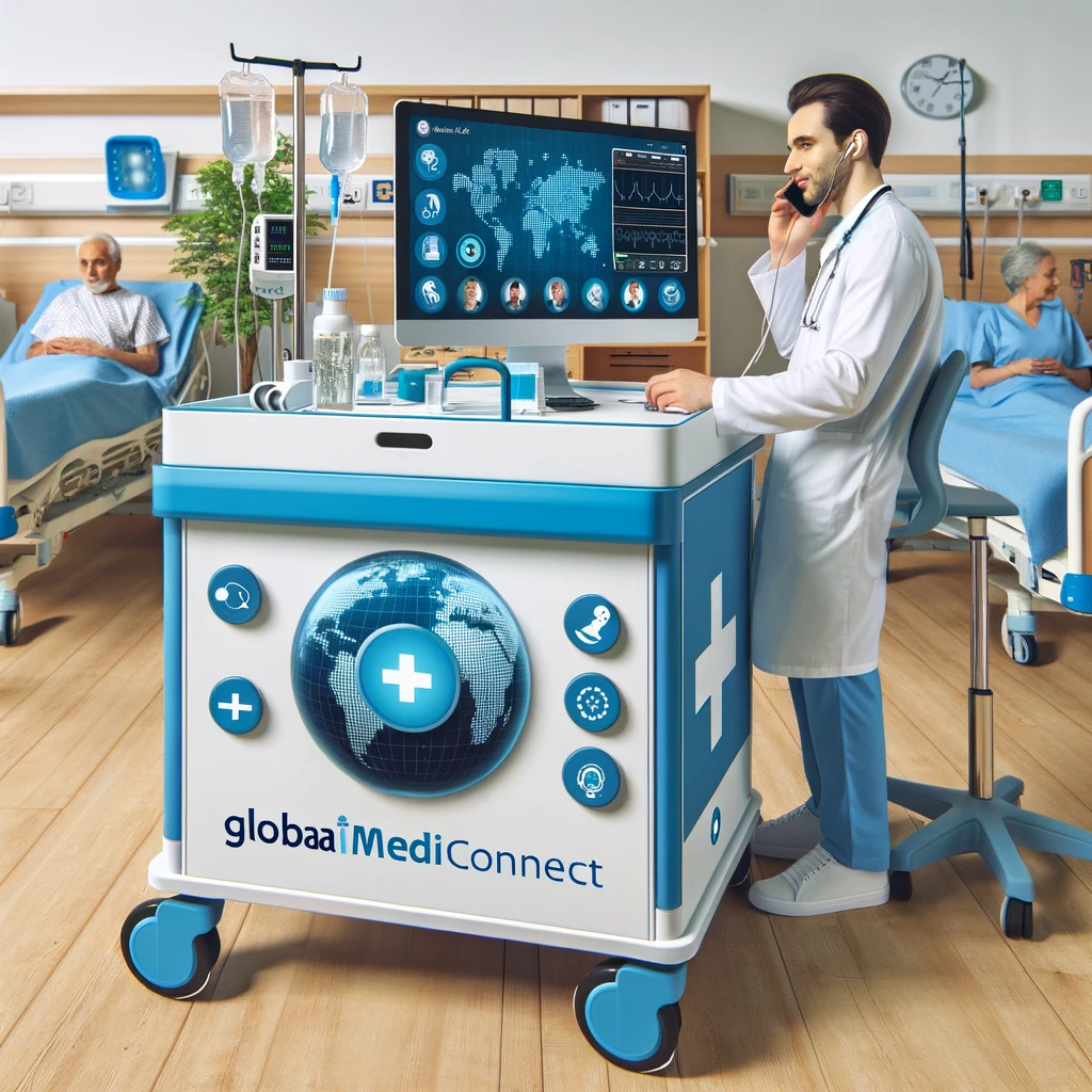 Chariot de télémédecine GlobaMediConnect utilisé dans un service hospitalier pour une consultation spécialisée à distance
