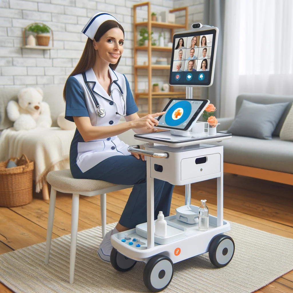Infirmier utilisant un chariot de télémédecine GlobaMediConnect pour les soins à domicile, démontrant sa portabilité et facilité d'utilisation