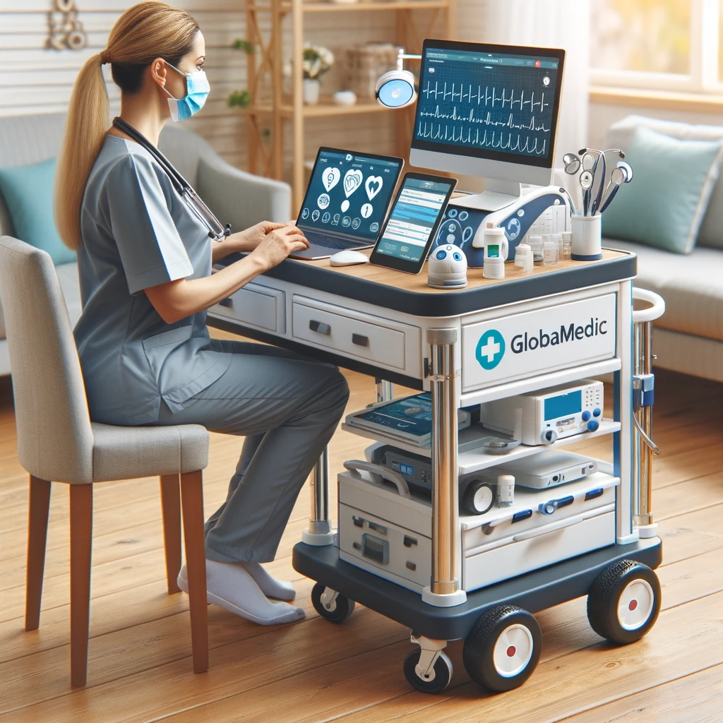 Chariot de télémédecine GlobaMediConnect équipé de dispositifs médicaux, utilisé dans un cadre de soins à domicile par une infirmière