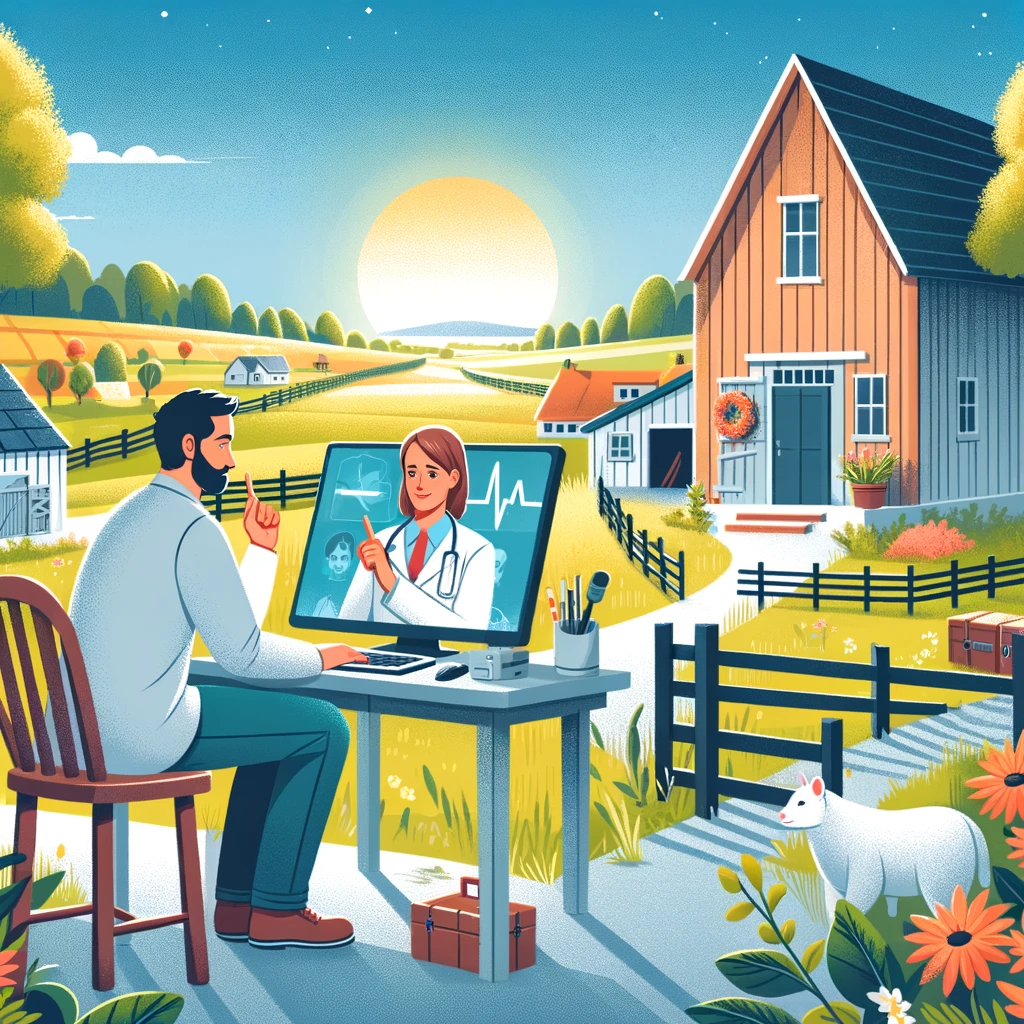 Illustration des avantages de la télémédecine dans un cadre rural, montrant un patient communiquant avec un médecin via un écran d'ordinateur