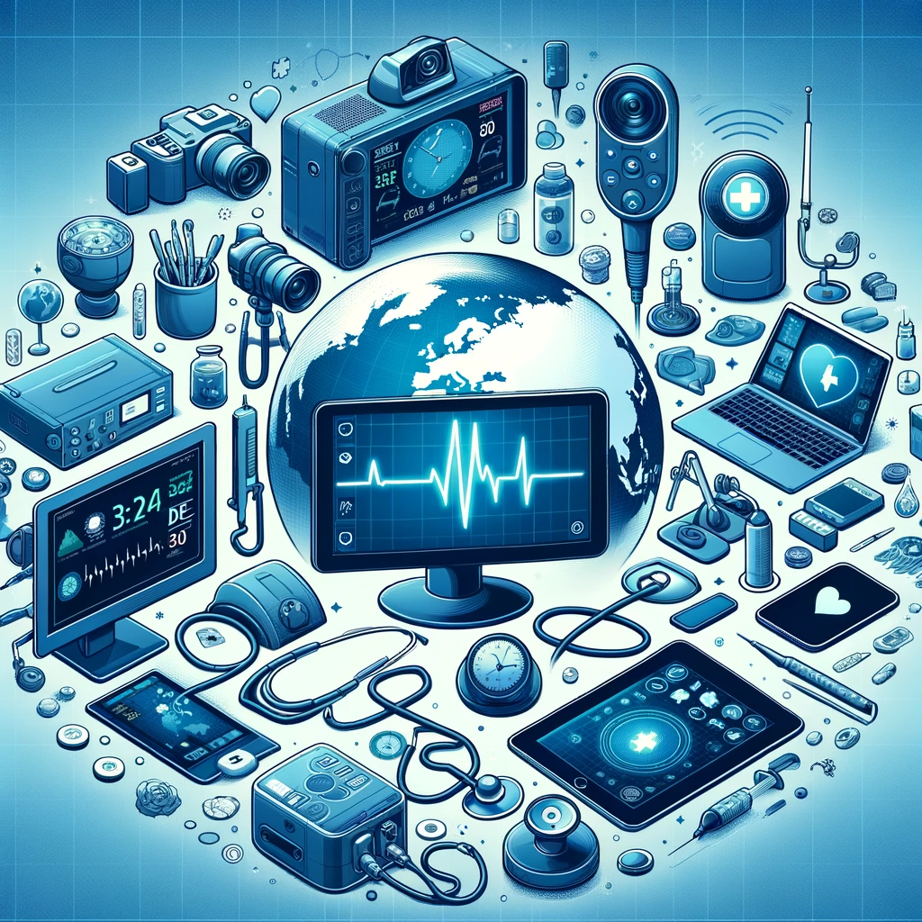 Illustration numérique d'une gamme d'équipements de télémédecine utilisés mondialement, montrant divers appareils comme des caméras, des moniteurs de signes vitaux et des logiciels de communication.