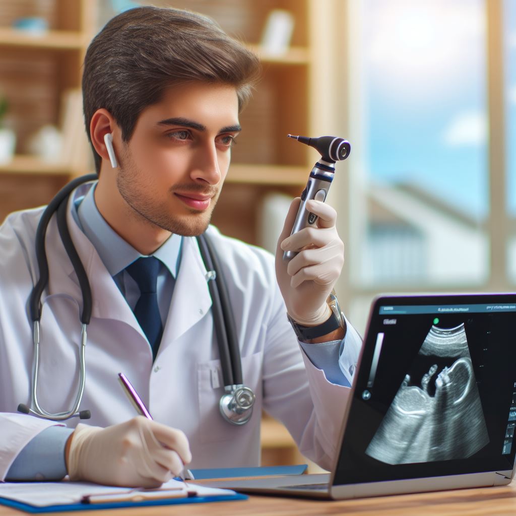 Professionnel de la santé utilisant un otoscope numérique en télémédecine