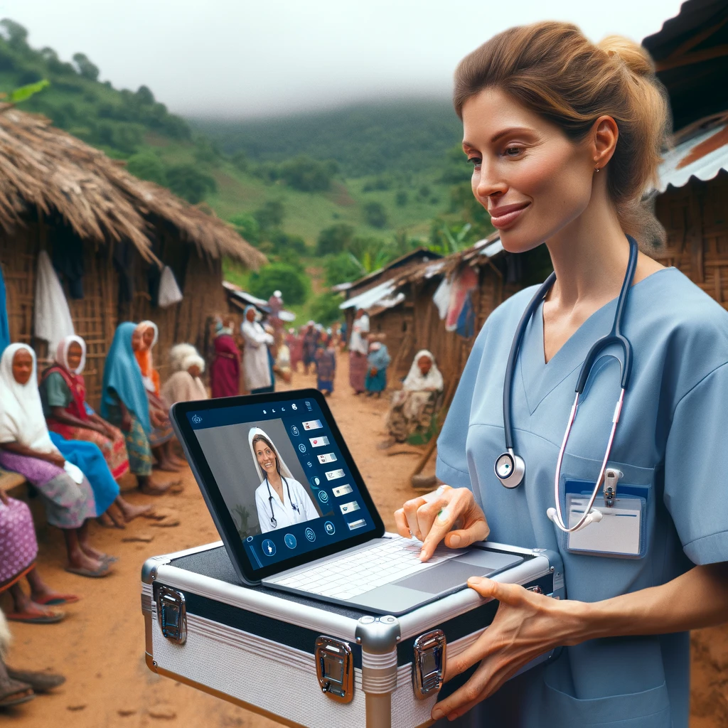 Infirmière dans un cadre de soins de santé rural utilisant une mallette de télémédecine GlobaMediConnect, démontrant sa polyvalence dans les zones éloignées