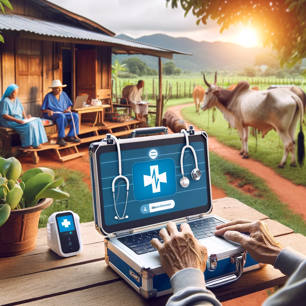 Mallette de télémédecine GlobaMediConnect utilisée dans un cadre de soins de santé rural, illustrant son efficacité dans des zones éloignées