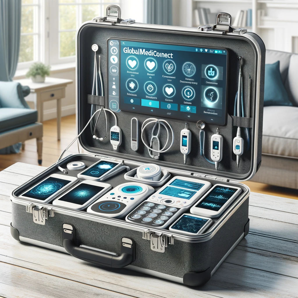 Mallette de télémédecine GlobaMediConnect ouverte, affichant des dispositifs de diagnostic connectés, en contexte de soins à domicile
