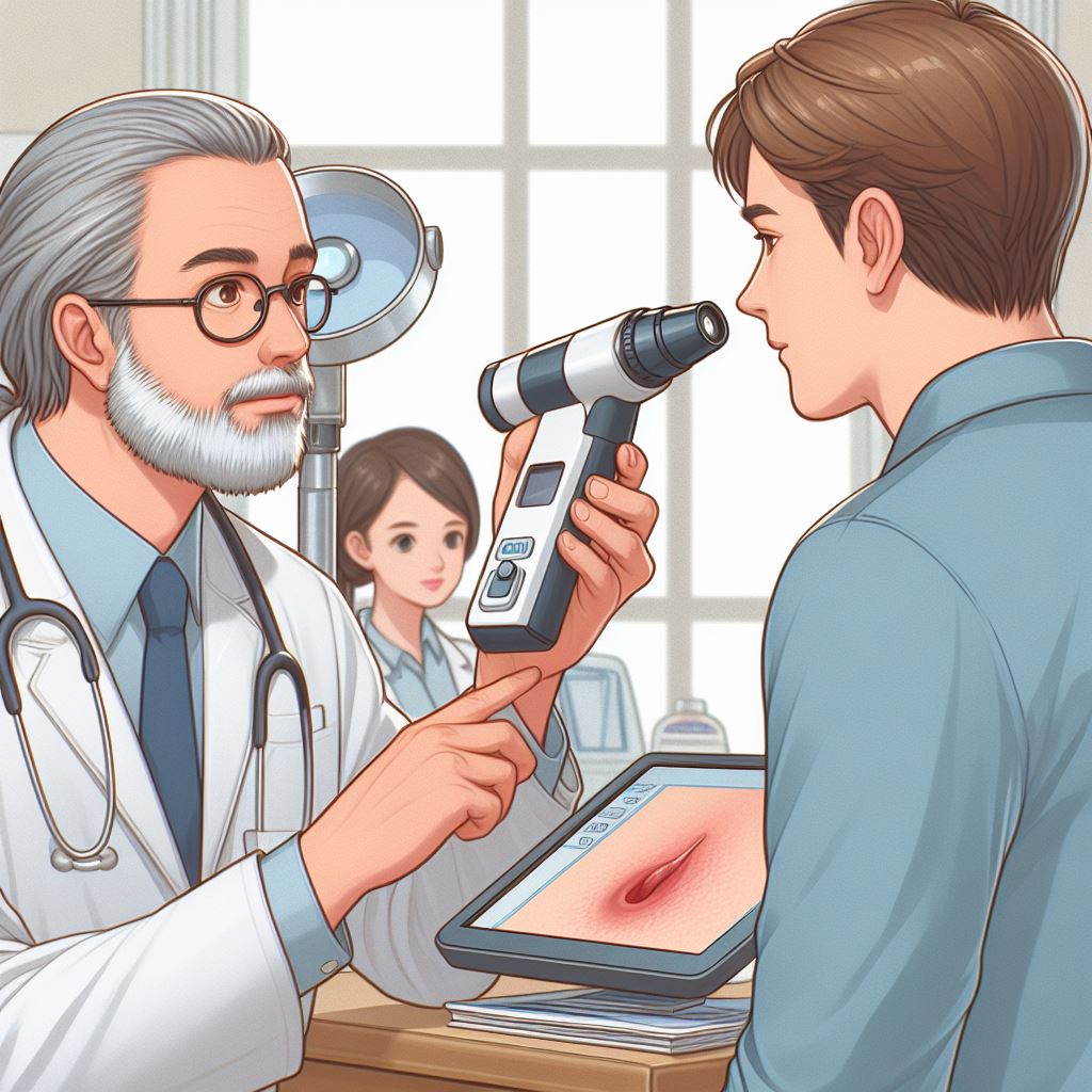 Médecin expliquant l'utilisation du dermatoscope numérique à un patient en télémédecine