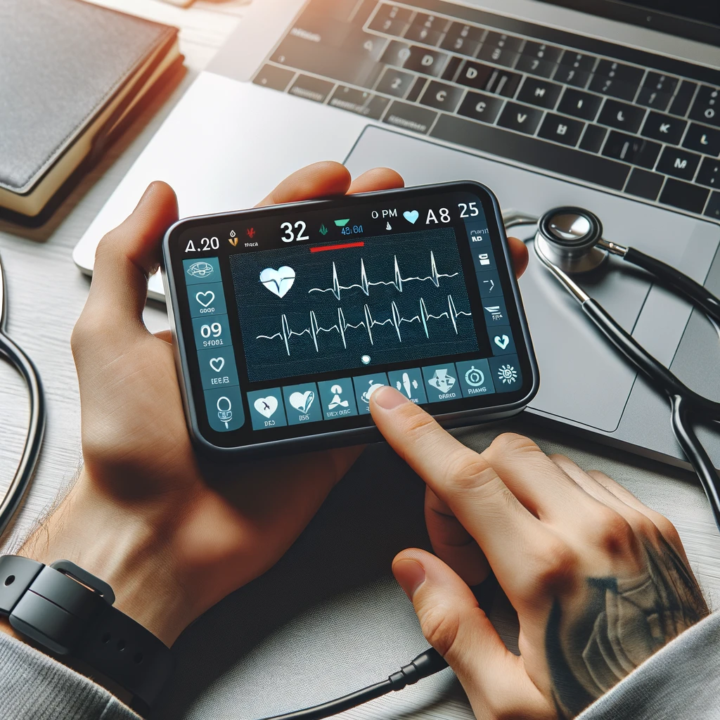 Moniteur ECG portable de GlobaMediConnect utilisé dans un scénario de télémonitorage patient, faisant partie des outils de diagnostic en télémédecine
