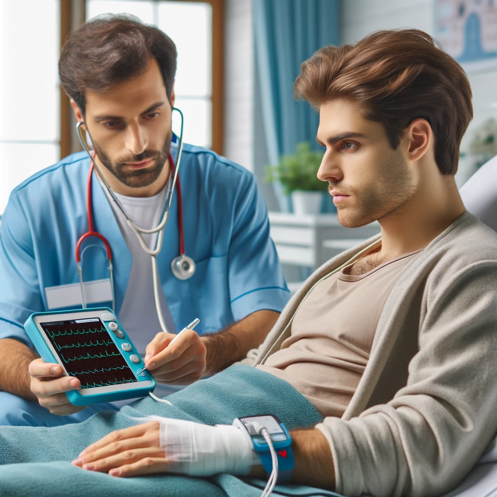 Professionnel de santé surveillant la fréquence cardiaque d'un patient à l'aide d'un moniteur ECG portable de GlobaMediConnect dans un cadre clinique