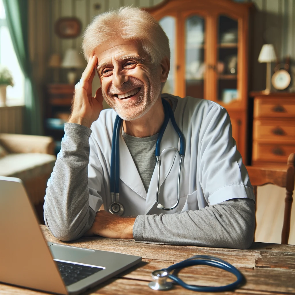 Image d'un patient dans un cadre rural à domicile, semblant soulagé et satisfait après une session de télémédecine réussie
