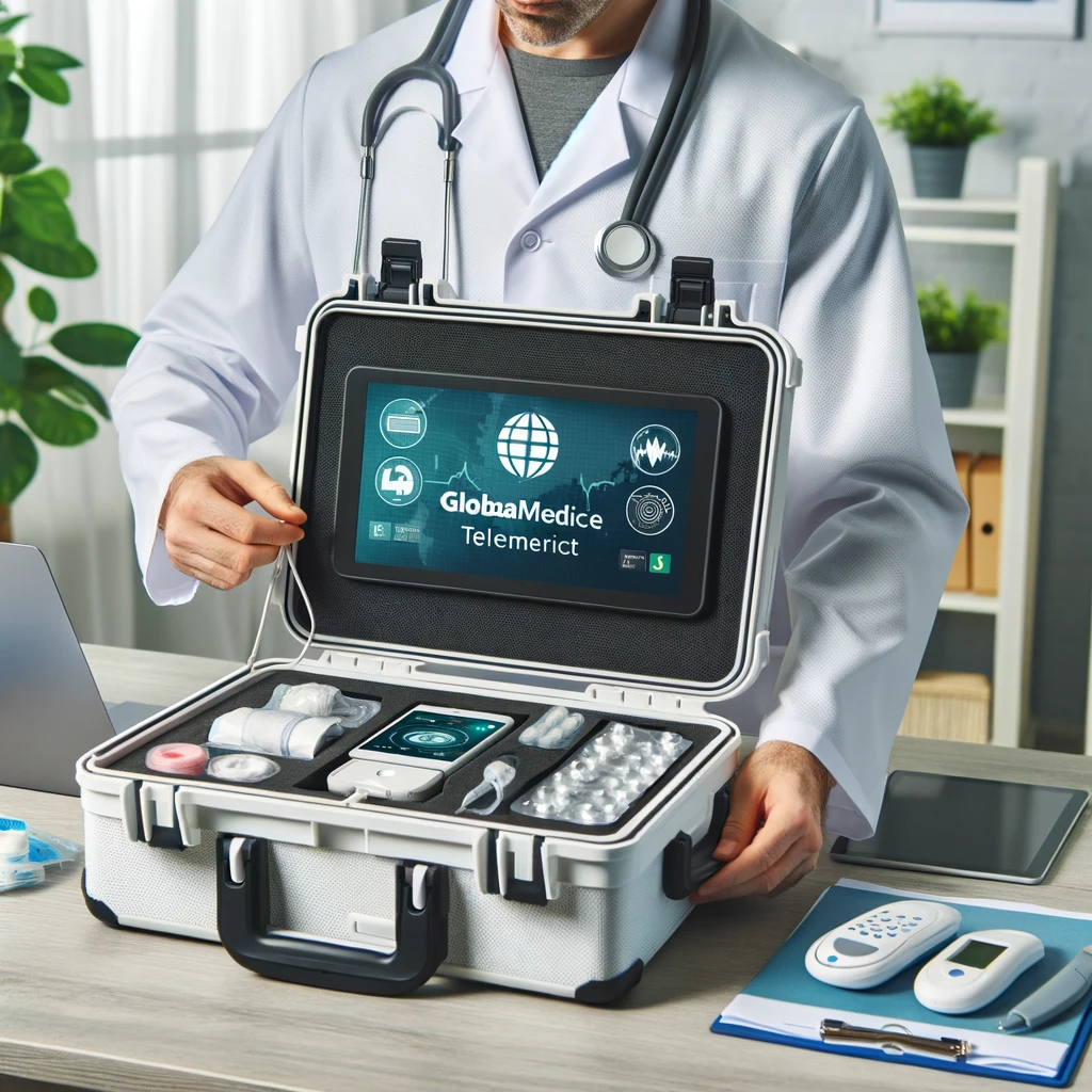 Professionnel de santé préparant une mallette de télémédecine GlobaMediConnect pour une visite à domicile, illustrant sa facilité d'utilisation et sa portabilité