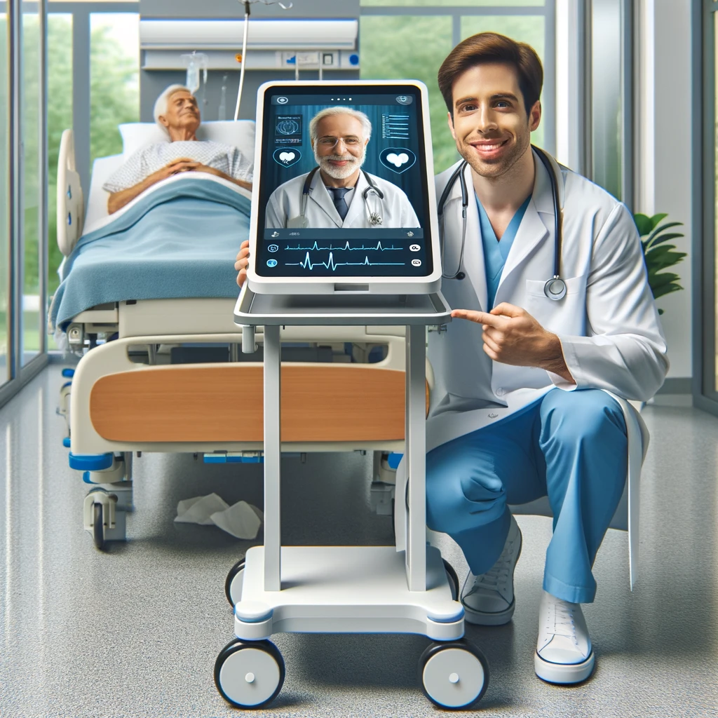 Professionnel de santé utilisant un chariot de télémédecine GlobaMediConnect dans un cadre hospitalier, démontrant sa facilité de mobilité et d'interaction avec le patient