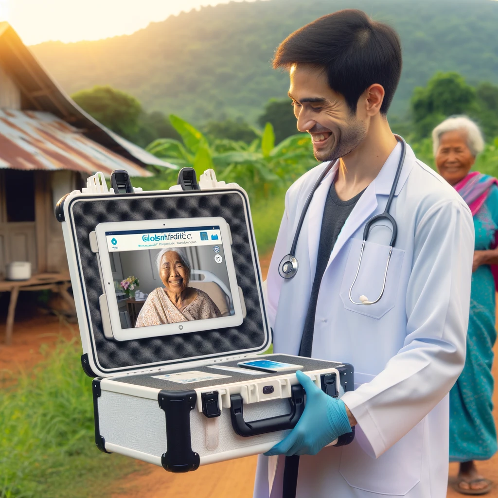 Professionnel de santé transportant une mallette de télémédecine GlobaMediConnect, prêt pour une visite à domicile en milieu rural