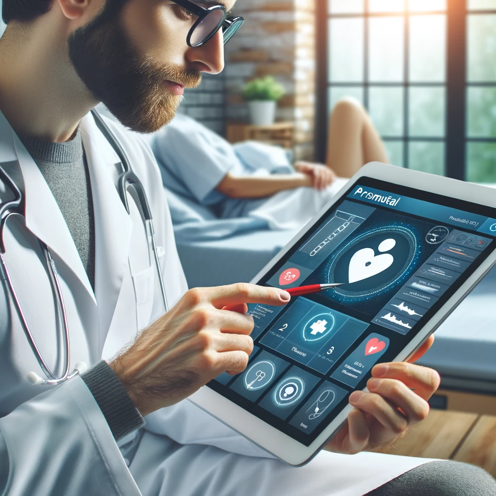 Professionnel de santé utilisant la plateforme téléexpertise sur une tablette, affichant les données des patients et les outils de diagnostic pour des soins efficaces