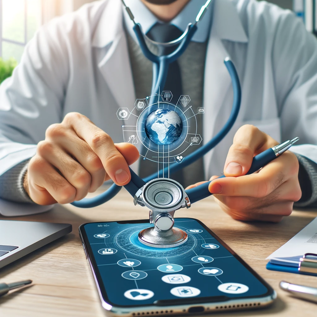 Professionnel de santé utilisant un stéthoscope numérique de GlobaMediConnect pendant une consultation en télémédecine, illustrant sa facilité d'utilisation
