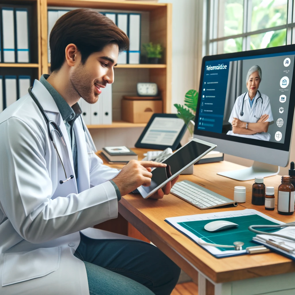 Photo d'un professionnel de santé dans une clinique rurale utilisant la technologie de télémédecine pour fournir des conseils médicaux à distance