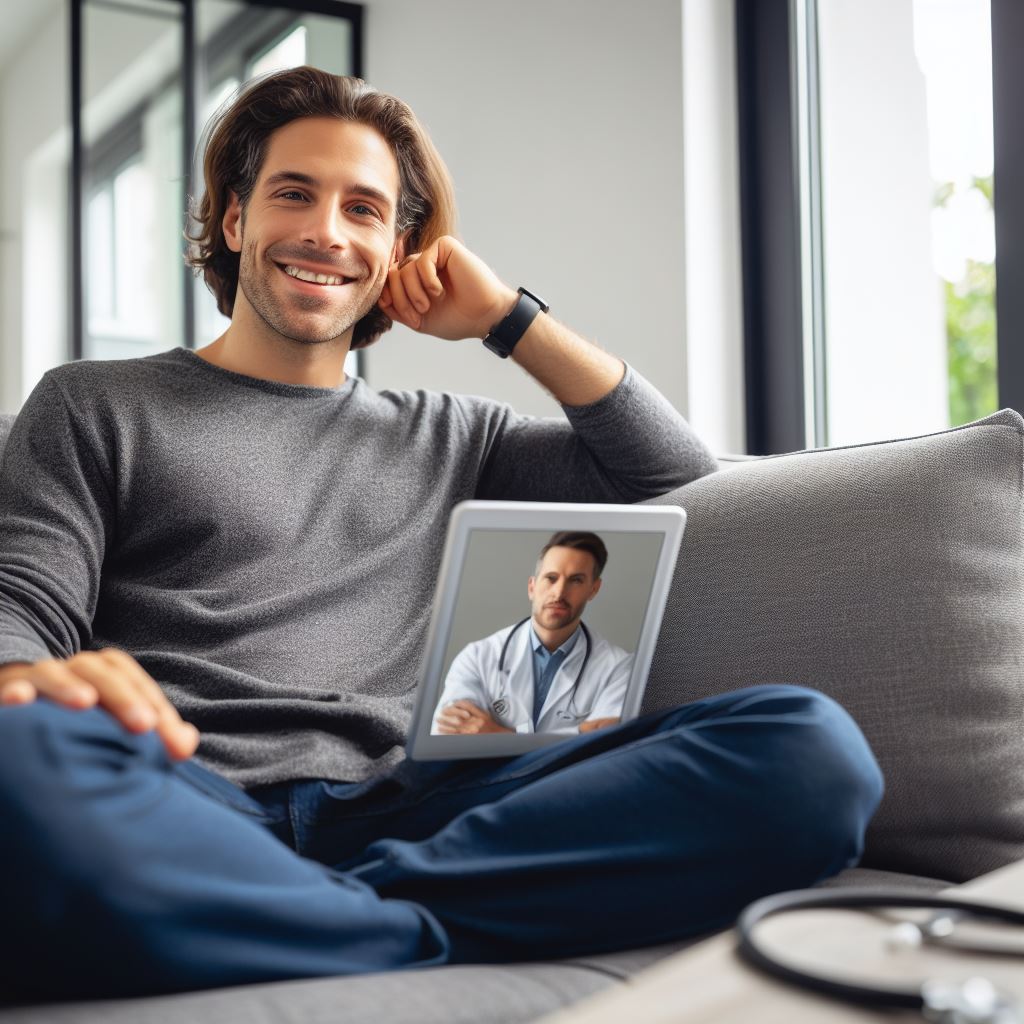 Patient satisfait utilisant des équipements de télémédecine à domicile