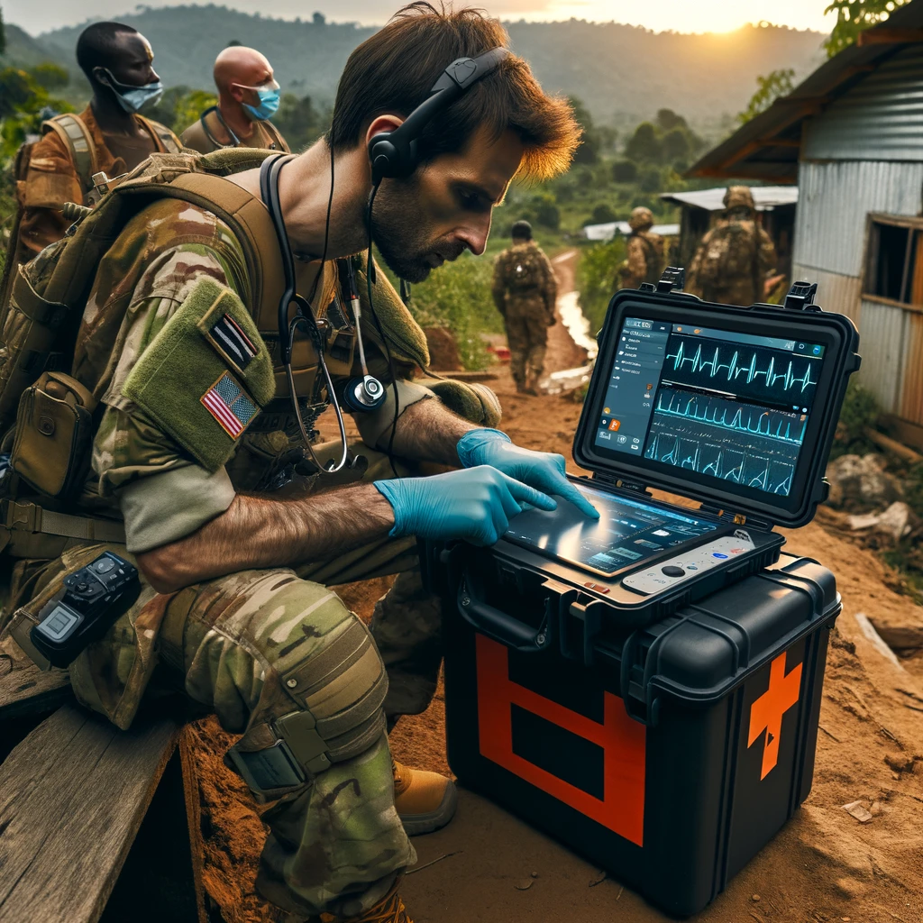 Personnel médical d'urgence utilisant une mallette de télémédecine GlobaMediConnect lors d'une intervention urgente dans une zone éloignée