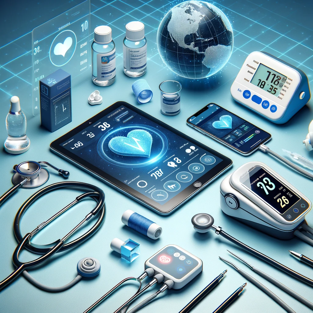 Une variété d'outils de diagnostic en télémédecine de GlobaMediConnect, incluant un stéthoscope numérique, un tensiomètre et un oxymètre de pouls, présentés ensemble